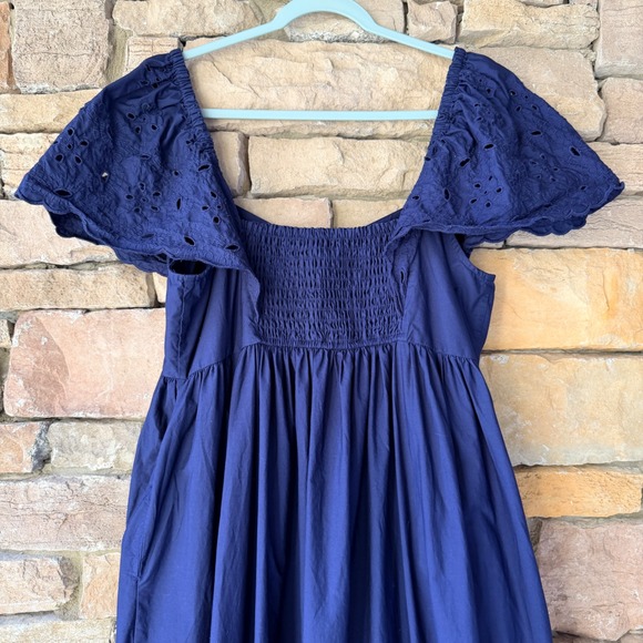 Crown & Ivy XL Navy Eyelet Cotton Flutter Smocked Back Maxi Dress Cottage Preppy - Picture 4 of 13